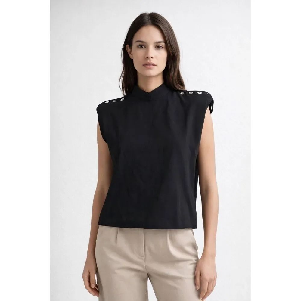 NWT Zara black, sleeveless mock-neck top with button details on the shoulders SZ